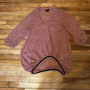 Ovi Women’s orange stripe Sheer Elastic Hem Cover Up Swim wear Blouse Size m